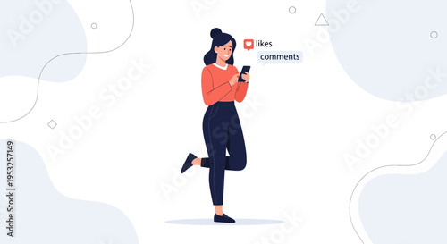 Woman Scrolling Social Media on Phone, Receiving Likes and Comments