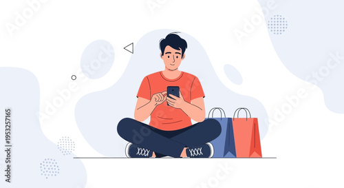 Man Sitting With Phone and Shopping Bags, Online Shopping Concept
