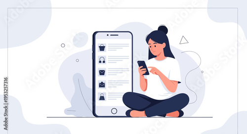 Young woman using smartphone with online shopping app, sitting cross-legged next to large phone.