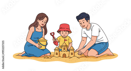 Family building sandcastle together on beach in summer