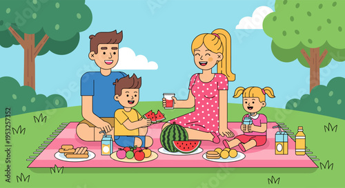 Happy family having picnic together in park during summer day