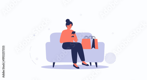 Woman Sitting on Sofa with Shopping Bags and Smartphone, Online Shopping Concept