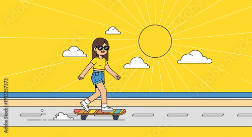 Girl riding skateboard on sunny road by the sea summer illustration