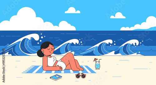 Woman relaxing on beach with ocean waves summer vacation illustration