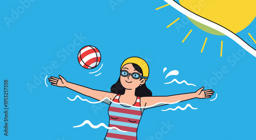 Woman swimming and playing with ball in ocean on sunny day
