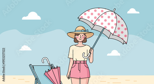 Woman holding umbrella on beach sunny summer day illustration