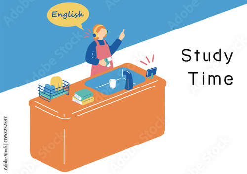 家事の合間に英語資格の勉強に励む女性