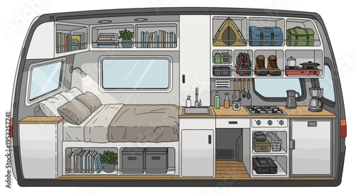 Camper van interior with kitchen and bed