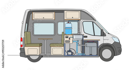 Campervan interior with kitchenette and seating area