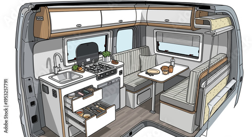 Camper van interior with kitchen and dining area