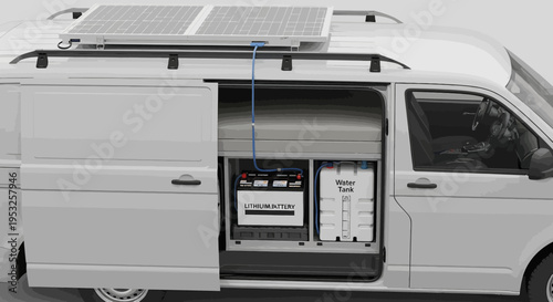 Solar powered van conversion with lithium battery and water tank