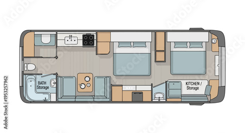 Modern RV interior floor plan with kitchen and bath