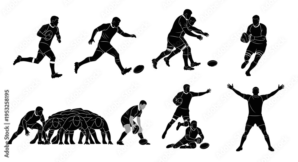 Obraz premium Set of Rugby Player Silhouettes in Various Action Poses Including Running, Kicking, Scrumming, and Tackling. High-Contrast Vector Illustration for Sport Design.