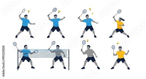 Professional flat vector illustration set of badminton players in various action poses like smashing and serving, isolated on a clean white background scene.