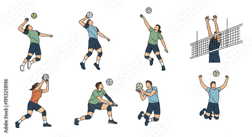 Set of hand-drawn volleyball player illustrations showing various action poses like serving, spiking, and blocking. Ideal for sports graphics and team posters.