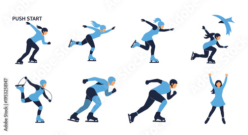 Set of flat vector illustrations featuring male and female ice skaters in dynamic action poses, from speed skating to figure skating, on a plain white background