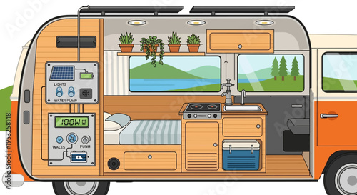 Campervan interior with solar panel and kitchenette