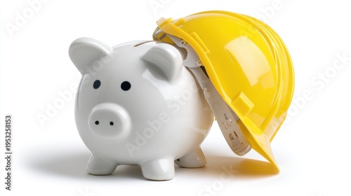 Conceptual image of a piggy bank wearing a yellow construction helmet symbolizing savings and financial security for projects