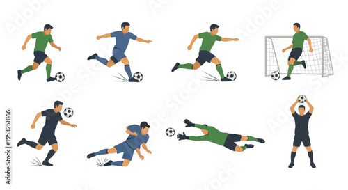 Flat vector illustration set of professional soccer players in various dynamic action poses including dribbling, shooting, diving goalkeeper, and ball heading.