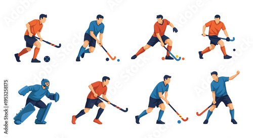 Collection of Field Hockey Player Illustrations Featuring Male Athletes in Action Poses with Sticks and Balls Set on White Background for Sports Graphic Design