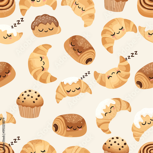 Pattern of sleeping cartoon baked goods including croissants and muffins on a beige background with zzz symbols.