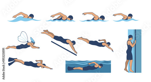 Vector illustration set of female swimmers in blue swimsuits performing various strokes like freestyle, diving into water, and using fins on a white background.
