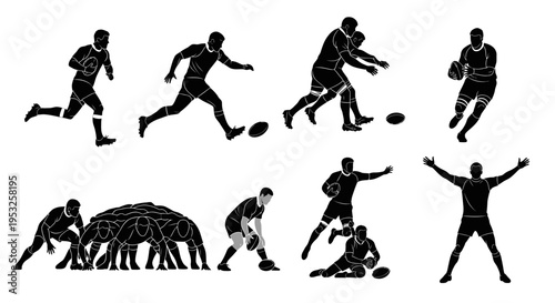 Set of Rugby Player Silhouettes in Various Action Poses Including Running, Kicking, Scrumming, and Tackling. High-Contrast Vector Illustration for Sport Design.