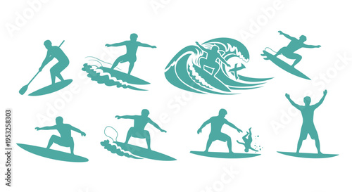 Collection of teal surfer silhouettes performing various actions like paddleboarding, riding big waves, catching air, and wiping out on a white background.
