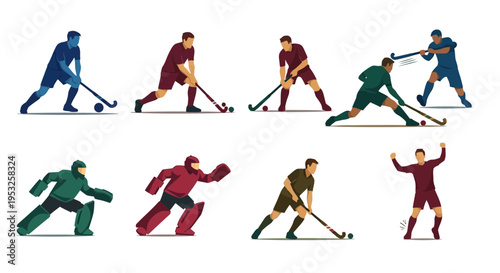 Vector collection of field hockey players in action poses like dribbling, shooting, and goalkeeping, isolated on a white background for creative sports designs.