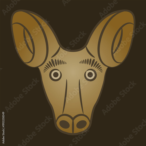 Stylized funny head of a sheep or ram. Medieval European animal design. 