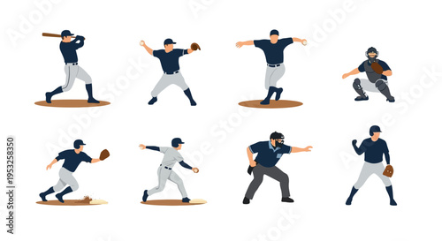 Professional Baseball Player Vector Illustration Set Featuring Action Poses Like Batting Pitching Catching Fielding and Umpiring In Clean Modern Flat Design.