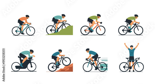 Professional Cyclist Vector Set Featuring Road Biking, Mountain Biking, Time Trialing, Sprinting, and Winner Celebration Illustrations for Sports Design Media.