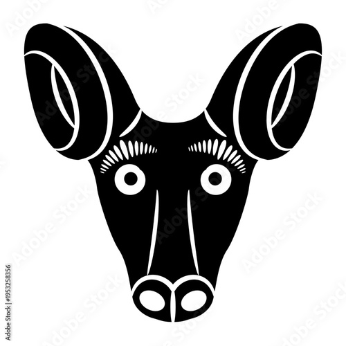 Stylized funny head of a sheep or ram. Medieval European animal design. Black and white silhouette.