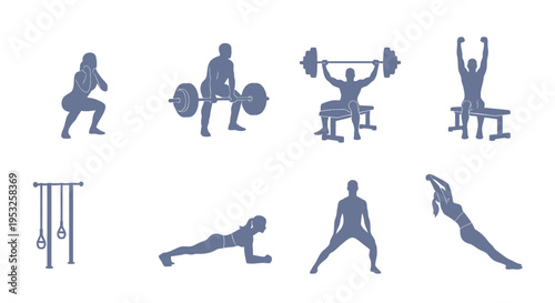 Comprehensive Set of Fitness Silhouettes Featuring Male and Female Athletes Performing Squats, Deadlifts, Bench Press, Planks, and Strength Training Exercises.