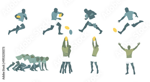 Minimalist vector silhouettes of rugby players in dynamic action poses including running passing kicking scrumming and celebrating on a plain white background.