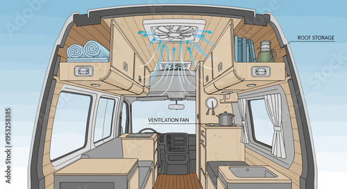 Interior of modern camper van with ventilation system