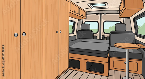 Interior of camper van with bed and table