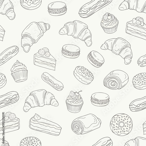 Seamless pattern of various sweet baked goods including croissants, cakes, and pastries in a simple line drawing style on a white background.