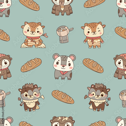 A repeating pattern of cartoon hedgehogs and hamsters with bread on a light blue background in a seamless design with cute and playful mood.