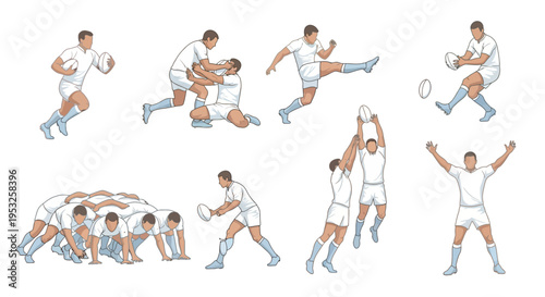 Rugby players action set featuring various poses like scrum, tackling, kicking, and line-out in a clean vector illustration style on a white background.