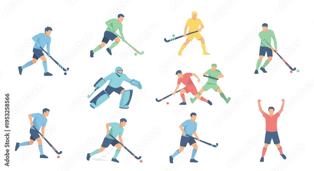 Fototapeta premium Flat Vector Illustrations Set of Field Hockey Players in Action Poses, Including Goalie, Dribbling, Hitting, and Celebrating Athletes for Sports Design Projects.