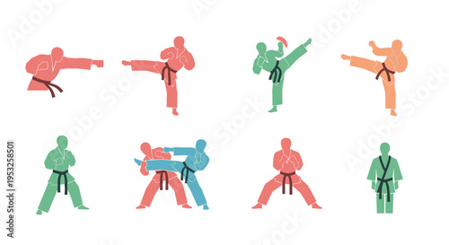 Set of colorful vector martial arts silhouettes featuring karate and taekwondo fighters in action poses like high kicks, punches, and strong defensive stances.