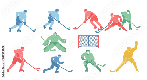Set of Colorful Ice Hockey Player Silhouettes in Dynamic Action Poses Including Skating, Shooting, Goalie Stance, and Celebration with a Net on White Background.