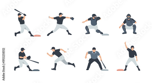 Minimalist Flat Vector Illustration of Baseball Players Set Featuring Pitcher Batter Catcher and Umpire Figures Isolated on White Background for Sports Media.