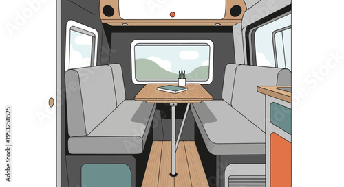 Campervan interior with table and benches