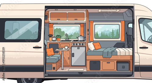 Camper van interior with kitchen and bed
