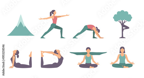 Professional vector illustration set featuring women in various yoga poses like warrior, tree, and lotus for health, wellness, meditation, and fitness apps.