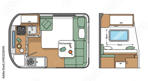 Campervan interior layout with kitchenette and sleeping area