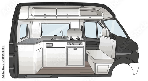 Camper van interior with kitchenette and seating area