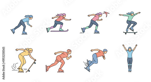 Comprehensive vector illustration collection of athletic figures engaged in various skating sports including ice skating, speed skating, and skateboarding icons.